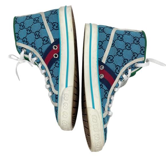 Gucci Tennis 1977 High Top Sneakers Turquoise Navy Logo Monogram Size 37 - Picture 7 of 11